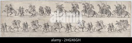 Assiette pour Giovanni d'avalos d'Aragona, d'une série de douze chevaliers montrant et leurs préposés vêtus pour un tournoi (assiette 2) 1565 Anonyme Ceci est une série de gravures montrant des chevaliers panopliés pour le tournoi tenu dans la cour Belvedere du Vatican le lundi 5 mars 1565,Dans le cadre des célébrations du mariage d'Annibale Altemps et d'Ortensia Borromeo.À l'origine, il y en avait douze dans la série, car ils sont énumérés dans l'inventaire de l'héritage Gherardi de 1594.L'inventaire de 1594 révèle également qu'ils ont été imprimés deux fois sur une feuille (Ehrle, 1908, p.51, lignes 386 Banque D'Images
