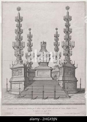 Catafalque pour le Pape Clément X; structure centrale au sommet d'une plate-forme de quinze pas, avec des colonnes surmontées par candelabra à chacun des quatre coins 1676 Giovanni Battista Falda.Catafalque pour le Pape Clément X; structure centrale au sommet d'une plate-forme de quinze pas, avec des colonnes surmontées par candelabra à chacun des quatre coins.Giovanni Battista Falda (italien, Valduggia 1643–1678 Rome).1676. Décapage.Giovanni Giacomo de Rossi (italien, Rome 1627–1691 Rome) Banque D'Images