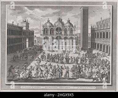 Le Carnaval de Venise, de: Thesaurus Antiquitatum et Historiarum Italiae, vol. IX 1722 Pieter van der AA le Carnaval hollandais est l'une des traditions les plus connues de Venise.Dans cet imprimé du Thésaurus de l'Antiquité et de l'Histoire de l'Italie, la célèbre Piazza San Marco de la ville est remplie de personnes en masques et en costumes.Divers stands et scènes sont mis en place où de petites foules sont diverties.Au premier plan, une parade traverse la place, dirigée par des joueuses, des danseurs et des musiciens.Le Carnaval de Venise, de: Thesaurus Antiquitatum et Historiarum Italiae, vol. IX1722. Banque D'Images