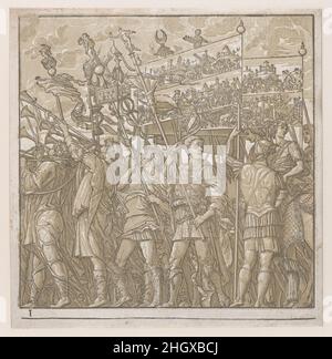 Feuille 1: Soldats portant des bannières représentant les exploits militaires triomphants de Jules César, du Triumph de Julius César 1599 Andrea Andreani Italien.Feuille 1: Soldats portant des bannières représentant les exploits militaires triomphants de Jules César, du Triumph de Julius César.Andrea Andreani (italien, Mantua 1558/1559–1629).1599. Chiaroscuro coupe de bois à partir de deux blocs à l'encre brun clair.Imprime Banque D'Images