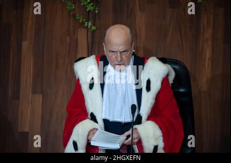 Reggio Calabria, Italie.21st janvier 2022.Luciano Gerardis, Président en exercice de la Cour d'appel de Reggio Calabria, vu dans la salle.Marta Cartabia, Ministre de la Justice, a assisté à l'inauguration de l'année judiciaire 2022, qui s'est tenue à l'Académie de formation «Fava e Garofalo» de Carabinieri à Reggio di Calabria en présence des autorités locales et nationales.Crédit : SOPA Images Limited/Alamy Live News Banque D'Images