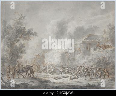 Un Skirmish avec des soldats près d'une ferme; Verso: Croquis avec des soldats ca.1790–1800 Dirk Langendijk dans cette feuille exécutée rapidement, Langendijk représente un moment intense de bataille.Au centre, un grand wagon de foin est en feu, probablement utilisé comme arme.Un Skirmish avec des soldats près d'une ferme; Verso: Croquis avec des soldats.Dirk Langendijk (néerlandais, Rotterdam 1748–1805 Rotterdam). Env.1790–1800.Stylo et encre marron et noire, pinceau et gris.Mises en plan Banque D'Images