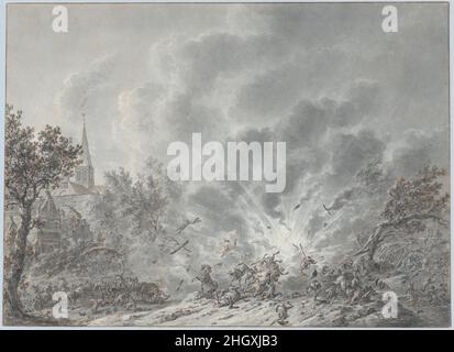 Une explosion près d'un village 1805 (?)Dirk Langendijk en tant que spécialiste des scènes de bataille, Langendijk a été un maître de dépeindre de minuscules figures en mouvement, dans ce cas les corps de soldats et de chevaux en vol propulsés dans l'air par une explosion.Avec le contrôle de son stylo et de sa brosse, l'artiste laisse des parties du papier intactes pour lire comme la lumière émise par l'explosion.Une explosion près d'un village.Dirk Langendijk (néerlandais, Rotterdam 1748–1805 Rotterdam).1805 (?).Stylo et encre marron et noire, pinceau et encre grise ; ligne de cadrage à l'encre stylo et marron.Mises en plan Banque D'Images