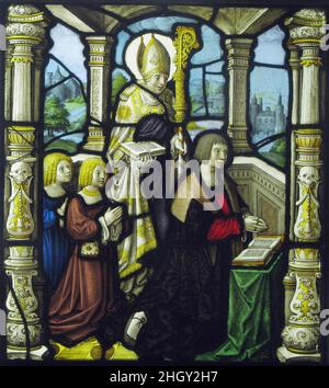 Un donneur et ses fils protégés par son patron, un évêque ca.1520 Flamand pour le panneau associé à celui-ci, voir 41.170.10, Une Dame et ses filles avec Saint Jean.Un donateur et ses fils protégés par son patron, un évêque.Flamand ca.1520. Vitraux.Vitraux Banque D'Images