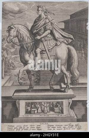 Assiette 7: Statue équestre de Galba, en profil à gauche, avec une scène de décapitation en arrière-plan, de 'Emperors romains à cheval' ca.1587–89 Adriaen Collaert.Assiette 7: Statue équestre de Galba, en profil à gauche, avec une scène de décapitation en arrière-plan, de 'Emperors romain à cheval'.« Empereurs romains à cheval ».Adriaen Collaert (pays-Bas, Anvers, env.1560–1618 Anvers). Env.1587–89.Gravure, carrée en graphite.Philips Galle (pays-Bas, Haarlem 1537–1612 Anvers).Imprime Banque D'Images