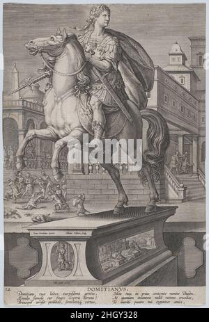 Assiette 12: Statue équestre de Domitian, vue trois quarts à gauche, avec sa mort poignante à droite en arrière-plan, de 'Emperors romains sur l'équitation' ca.1587–89 Adriaen Collaert.Assiette 12: Statue équestre de Domitian, vue trois quarts à gauche, avec sa mort poignante à droite en arrière-plan, de 'Empereurs romains à cheval'.« Empereurs romains à cheval ».Adriaen Collaert (pays-Bas, Anvers, env.1560–1618 Anvers). Env.1587–89.Gravure.Philips Galle (pays-Bas, Haarlem 1537–1612 Anvers).Imprime Banque D'Images