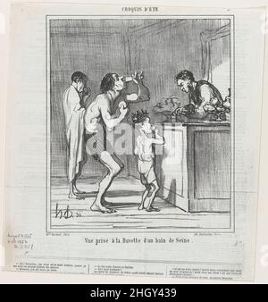 Vue d'un stand de rafraîchissement dans un bain sur la Seine, de "Summer sketches", publié dans le Charivari, 3 août 1865 3 août 1865 Honoré Daumier.Vue d'un stand de rafraîchissements dans un bain sur la Seine, tirée de « Summer sketches », publié dans le Charivari, le 3 août 1865.'Esquisses' (croquis d'été).Honoré Daumier (français, Marseille 1808–1879 Valmondois).3 août 1865.Lithographie sur papier journal; deuxième état de deux (Delteil).Imprime Banque D'Images