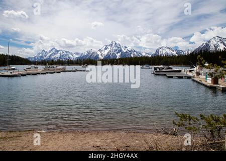 Coulter Bay, Leeks Marina, Jackson Lake, Mount Moran, parc national de Grand Teton, Alta, Wyoming, États-Unis, horizontal Banque D'Images