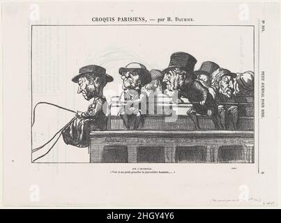 Sur l'imperiale, « à ses pieds on peut observer l'essaimage d'une colline humaine, » d'après les « esquisses parisiennes » publiées dans le petit Journal pour Rire 1864 ou 1865 Honoré Daumier.Sur l'imperiale, « à ses pieds on peut observer l'essaimage d'une colline de fourmis humaine », d'après les « croquis parisiens » publiés dans le petit Journal pour Rire.'Croquis parisien' (Croquis Parisiens).Honoré Daumier (français, Marseille 1808–1879 Valmondois).1864 ou 1865.Lithographie sur papier journal; deuxième état de deux (Delteil).Imprime Banque D'Images