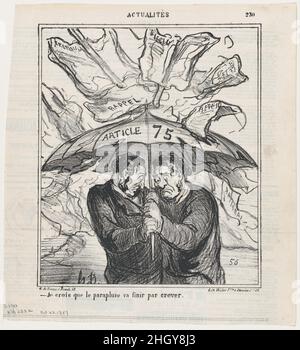 Je pense que ce parapluie va bientôt s'effondrer, d'après "nouvelles du jour", publié dans le Charivari, 23 octobre, 1869 octobre 23, 1869 Honoré Daumier.Je pense que ce parapluie va bientôt s'effondrer, d'après "News of the Day", publié dans le Charivari, 23 octobre 1869.'Nouvelles du jour' (Actualités).Honoré Daumier (français, Marseille 1808–1879 Valmondois).23 octobre 1869.Lithographie sur papier journal; deuxième état de deux (Delteil).Arnaud de Vresse.Imprime Banque D'Images