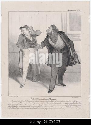 Assiette 15: Robert Macaire, vendeur itinérant, de 'Caricaturana,' publié dans les Robert Macaires 1838 Honoré Daumier M. Gobard, j'ai l'honneur de vous présenter Madame de Saint-Bertrand, veuve de la Grande Armée,Qui possède une fortune très considérable et Mademoiselle Eloa de Wormspire, fille du célèbre Baron de Wormspire, à qui le grand homme a légué un revenu de 50 mille livres dans son testament...Comme ces dames brûlent avec le désir de faire votre connaissance, je les ai invités à dîner à votre maison ce soir.Vous nous emprendrez à l'opéra et nous aurons un nic Banque D'Images