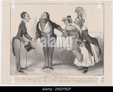 Planche 16: Robert Macaire agent matrimonial, de 'Caricaturana,' publié dans les Robert Macaires 1838 Honoré Daumier M. Gobard, que j'ai l'honneur de vous présenter Madame de Saint-Bertrand, veuve de la Grande Armée,Qui possède une fortune très considérable et Mademoiselle Eloa de Wormspire, fille du célèbre Baron de Wormspire, à qui le grand homme a légué un revenu de 50 mille livres dans son testament...Comme ces dames brûlent avec le désir de faire votre connaissance, je les ai invités à dîner à votre maison ce soir.Vous nous emmenés à l'opéra et nous aurons un e agréable Banque D'Images