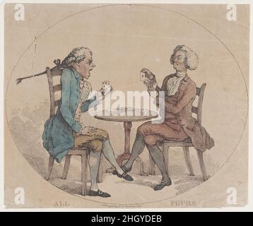 All fours première publication le 14 mars 1783 [une réédition ultérieure?](?)Thomas Rowlandson britannique dans un ovale, deux hommes jouent 'All fours' un jeu de cartes anglais semblable à whist.Ils s'assoient sur des chaises à dos d'échelle sur une petite table de trépied à dessus rond.L'homme plus âgé, à droite, tire un as de pique de sa main et l'affiche comme la carte gagnante.Il est habillé simplement et porte une perruque de bob.Le jeune homme, mince et habillé de façon tendance, avec une queue de cochon, réagit en consternation.Il a joué un roi ou une reine de bêches, qui est évincé par l'as.Les cartes d'un tour précédent se trouvent sur la table.Tous Banque D'Images