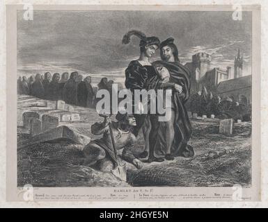 Hameau contemplant le crâne de Yorick 1828 Eugène Delacroix Act 5, scène 1 de 'Hamlet' dans laquelle le gravedigeur préparant le site funéraire d'Ophelia désarge le crâne de Yorick, un ester de l'enfance de Hamlet, a préoccupé Delacroix tout au long de sa carrière.Cette lithographie représente son premier traitement du sujet en impression.Il l'a repris dans des tableaux pour le salon (un rejeté en 1836 et un autre accepté en 1839) et dans le cadre de sa suite d'illustrations pour 'Hamlet' en 1843.Hameau contemplant le crâne de Yorick.Eugène Delacroix (français, Charenton-Saint-Maurice 1798–1863 Paris).1828. Lithogr Banque D'Images