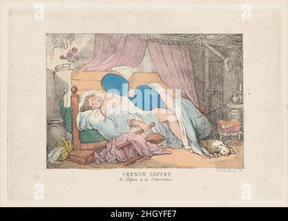 French Luxury, ou repos a la française 1800–20 après Thomas Rowlandson Une jeune femme dort sur un lit dans une posture abandonnée, embrassant un traversin et saisissant la jambe d'une chaise.Un chien et un chat dorment à droite.French Luxury, ou Repos a la française.Après Thomas Rowlandson (britannique, Londres 1757–1827 Londres).1800–20.Gravure à la main.Imprime Banque D'Images