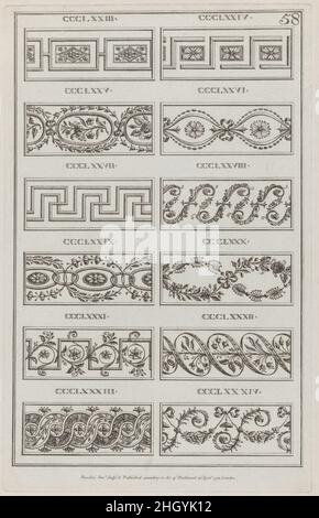 Panneaux d'ornement, nos CCCLXXIII–CCLXXXIV (« décors pour divers ornements », pl.58) 29 avril 1791 Michel-Ange Pergolesi ces dessins pour panneaux d'ornement, numérotés CCCLXXIII à CCCLXXXIV, incorporent le feuillage et les formes géométriques.L'imprimé provient d'un groupe que Pergolesi a réalisé et publié en série à Londres entre 1777 et 1792.Il n'y a pas de page de titre, mais un prospectus de CA.1786 a décrit le groupe comme: «une grande variété de dessins originaux de vases, figures, médaillons, frises, pilastres,Panneaux et autres ornements, dans le style étrusque et grotesque.'L'ensemble complet contient Banque D'Images