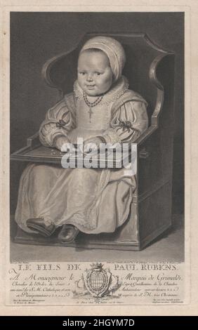 Portrait d'un des enfants de Cornelis de Vos (probablement), assis dans une chaise de bébé 1762 Manuel Salvador Carmona autrefois attribué à Peter Paul Rubens, et probablement après un portrait de la fille de Cornelis de Vos, Susanna..Portrait d'un des enfants de Cornelis de vos (probablement), assis dans une chaise de bébé.Manuel Salvador Carmona (espagnol, 1734–1820).1762. Gravure.Denis Charles Buldet (français, actif Paris, 1745–81).Imprime Banque D'Images