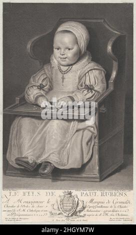 Portrait d'un des enfants de Cornelis de Vos (probablement), assis dans une chaise de bébé 1762 Manuel Salvador Carmona autrefois attribué à Peter Paul Rubens, et probablement après un portrait de la fille de Cornelis de Vos, Susanna..Portrait d'un des enfants de Cornelis de vos (probablement), assis dans une chaise de bébé.Manuel Salvador Carmona (espagnol, 1734–1820).1762. Gravure.Denis Charles Buldet (français, actif Paris, 1745–81).Imprime Banque D'Images