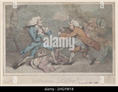 Les médecins diffèrent le 28 novembre 1785 après Thomas Rowlandson Une mêlée de médecins déchargés avec deux opposants engagés dans des fischuffs au premier plan, un élancé une figure tombée sur son dos sur le sol.Deux autres figures se battent dans le fond droit, et une rangée de figures assises est visible dans le fond gauche, et une figure debout sur un tabouret à gauche.Les médecins diffèrent.Après Thomas Rowlandson (britannique, Londres 1757–1827 Londres).28 novembre 1785.Gravure à crépi de couleur main.S. W. Fores (Londres).Imprime Banque D'Images