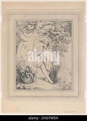 Fille avec un panier et une cage à oiseaux Réglage de son jarretière 1785–95 Thomas Rowlandson Une jeune fille de campagne a mis en place un panier rempli de légumes, se repose sur un arbre, et expose sa jambe pour attacher sa jarretière.Derrière elle, un homme dont elle n'est pas consciente se penche sur l'encoche d'un arbre pour l'admirer.Fille avec un panier et Birdcage ajuster son Garter.Après (?)Francis Wheatley (Grande-Bretagne, Londres 1747–1801 Londres).1785–95.Gravure.Imprime Banque D'Images