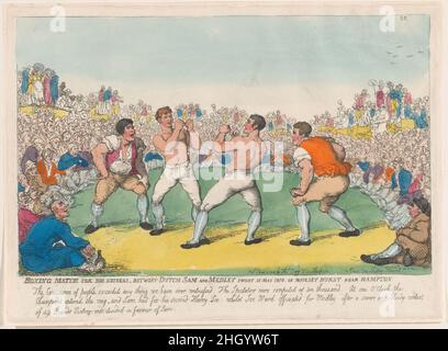 Match de boxe pour 200 Guinéas, betwixt Dutch Sam et Medley se sont battus 31 mai 1810, sur Moulsey Hurst près de Hampton 5 juin 1810 Thomas Rowlandson deux boxeurs se font face sur le territoire, chacun accompagné d'une seconde, avec des embouteilleurs assis en bas à gauche et à droite.L'anneau est formé par des spectateurs masculins densément remplis avec quelques femmes montrées debout à l'arrière sur les toits des entraîneurs.'Dutch Sam' était un pugiliste juif de Hollande qui est resté inbattu jusqu'en décembre 1814.Ce match a eu lieu le 31 mai 1810, a fait 49 tours et a duré 52 minutes avant que Ben Medley ne soit vaincu.Dans les années qui foll Banque D'Images