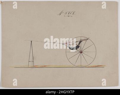 Modèle pour chariot pour chien ou 2 Wheeler, n°Schéma de conception du chariot américain BreBrewster & Co. 3818 1883 pour Breaking Cart.Nom de Brewstert: 'Nom de Brewster: 'Road Cart.'Pas de haut, avant, pas de panneau.Siège conducteur.Pas de coussin.Ressorts Canterlever.Corps noir.Train de roulement rouge.Le siège repose sur le bras supérieur du levier.Dans le projet de livre # 2: 'Martin's Road Cart'.Modèle pour chariot pour chien ou 2 Wheeler, n°3818. 1883.Plume et manque d'encre, aquarelle et gouache avec gomme arabique. Banque D'Images