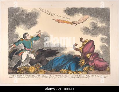 Le tyran du continent est tombé, l'Europe est libre, l'Angleterre se réjouit 1 mai 1814 Thomas Rowlandson Napoléon montré avec son trône renversé, étant saisi des genoux par le diable.Il regarde l'épée de la justice dans le ciel, et une voix qui dit: 'Tu'as la peine, à laquelle la Demn tremblera, et emportera leurs propres pour Joys'.Le tyran du continent est tombé, l'Europe est libre, l'Angleterre se réjouit.Thomas Rowlandson (britannique, Londres 1757–1827 Londres).1 mai 1814.Gravure à la main.Rudolph Ackermann, Londres (actif 1794–1829).Imprime Banque D'Images