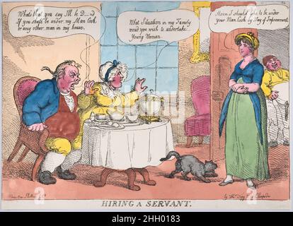 Embauche d'un serviteur 1811 Thomas Rowlandson Un homme et sa femme s'assoient à une petite table ronde pour le petit déjeuner et s'adresser à une jeune femme qui se tient à droite, devant une porte ouverte.La femme demande avec une grande méprise : « quelle situation dans ma famille vous souhaitez entreprendre une jeune femme ? »Elle répond : « Je voudrais être sous votre homme Cook par voie d'amélioration. »L'homme s'exclame : « Qu'est-ce que vous dites que je serai D—nd si vous serez sous mon homme Cook ou tout autre homme dans ma maison. »Le cuisinier, à l'extérieur de la porte ouverte à droite, rit...Embauche d'un serviteur.Thomas Rowlandson (britannique, Londres 1757–1827 Londres).1811. Main-colo Banque D'Images