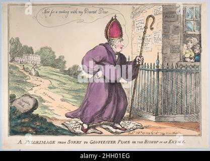 Un pèlerinage de Surry à Gloucester place ou l’évêque est une extacty 27 février 1809 Thomas Rowlandson le duc de York en robe de pèlerin, se précipitant de son domicile à Oatlands, Surrey, à Mme Clarke et Mlle Taylor à Gloucester place, Chelsea.Un pèlerinage de Surry à Gloucester place ou l'évêque est une Extacty.Thomas Rowlandson (britannique, Londres 1757–1827 Londres).27 février 1809.Gravure à la main.Thomas Tegg (Grande-Bretagne, 1776–1846).Imprime Banque D'Images