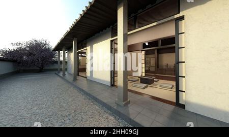 3D illustration de la maison samouraï extérieur et intérieur Banque D'Images