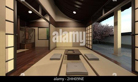 3D illustration de la maison samouraï extérieur et intérieur Banque D'Images