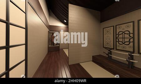 3D illustration de la maison samouraï extérieur et intérieur Banque D'Images