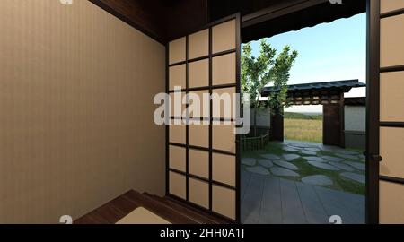 3D illustration de la maison samouraï extérieur et intérieur Banque D'Images