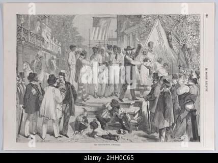 Une vente aux enchères de personnes endeuillées à Richmond, du « monde illustré » 23 mars 1861 Bourcier environ un mois avant le début de la guerre de Sécession, « le monde illustré », un hebdomadaire français,publié cette gravure en bois pour illustrer un article sur les enchères de personnes asservies dans les états du sud.L'imprimé montre une vente publique à Richmond, en Virginie, le plus grand dépôt du commerce, outre la Nouvelle-Orléans.L'article condamnatoire anime ce "marché de vol" en citant le pitch de vente dérogatoire de l'encanteur qui gestait vers la jeune mère et l'enfant à droite.Un Banque D'Images