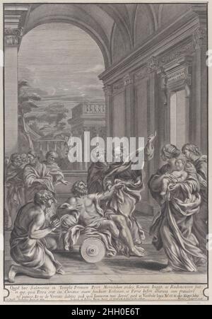 Saint Pierre guérissant les malades, dans une arcade classique ca.1680 Nicolas Laigiel.Saint Pierre guérissant les malades, dans une arcades classique.Nicolas Laigiel (français, active Rome, ca.1680). env.1680. Décapage.Giovanni Giacomo de Rossi (italien, Rome 1627–1691 Rome).Imprime Banque D'Images