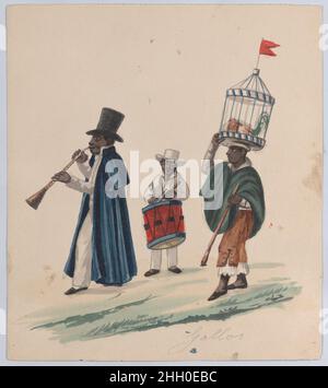 Deux musiciens et un homme portant sur sa tête un coq en cage, d'un groupe de dessins représentant le costume péruvien ca.1848 attribué à Francisco (Pancho) Fierro pour des commentaires sur le groupe de dessins auquel il appartient, voir 38.145.451..Deux musiciens et un homme portant sur sa tête un coq en cage, d'un groupe de dessins représentant le costume péruvien.Attribué à Francisco (Pancho) Fierro (péruvien africain, 1807–1879).1848. Aquarelle.Mises en plan Banque D'Images