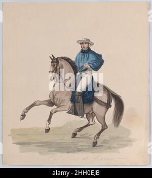 Un homme élégamment habillé à cheval, d'un groupe de dessins représentant le costume péruvien ca.1848 attribué à Francisco (Pancho) Fierro pour des commentaires sur le groupe de dessins auquel il appartient, voir 38.145.451..Un homme élégamment habillé à cheval, d'un groupe de dessins représentant le costume péruvien.Attribué à Francisco (Pancho) Fierro (péruvien africain, 1807–1879).1848. Aquarelle.Mises en plan Banque D'Images