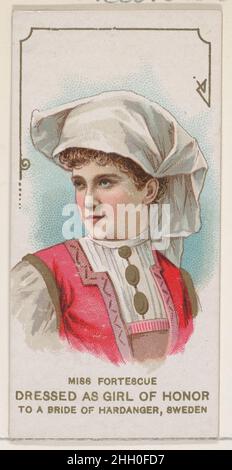 Mlle Fortescue habillée comme fille d'honneur à une mariée de Hardanger, Suède, de la série acteurs et actrices First Series (N70) pour les cigarettes de marque Duke 1888–89 émises par W. Duke, Sons & Co. American Trade cartes de la première série « acteurs et actrices » (N70),Émis en 50 cartes en 1888-89 pour promouvoir les cigarettes de marque W. Duke Sons & Co..Mlle Fortescue habillée comme fille d'honneur à une mariée de Hardanger, Suède, de la série acteurs et actresses, première série (N70) pour les cigarettes de marque Duke.1888–89.Lithographie couleur commerciale.Publié par W. Duke, Sons & Co. (New York et Durham, N.C. Banque D'Images