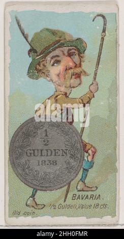 Bavaria, 1/2 Gulden, de la série coins of All Nations (N72, variation 2) pour les cigarettes de marque Duke 1889 émises par W. Duke, Sons & Co. American Trade cards from the coins of All Nations (N72),Émis dans un jeu de 50 cartes en 1889 pour promouvoir les cigarettes de marque W. Duke Sons & Co.Il y a deux variations dans la série.La version 1 (variante 1) conserve un fond blanc sur les cartes et la seconde version (variante 2) affiche un fond ombré.Bavière, 1/2 Gulden, de la série de pièces de toutes les nations (N72, variation 2) pour les cigarettes de marque Duke.1889. Lithographie couleur commerciale. Banque D'Images