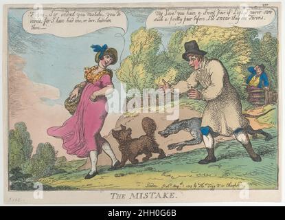 L'erreur le 1 août 1809 Thomas Rowlandson Un homme, à droite, accoute une femme qui marche avec un panier d'oeufs, et dit: 'Mon amour!Vous avez une paire de jambes Sweet.Je n'ai jamais vu une paire aussi jolie avant.Je jure qu'ils sont des Twins. »Elle se détorque, non, non, Monsieur.En effet, vous vous trompez.En effet.Car j'ai eu un, ou deux, entre eux.".L'erreur.Thomas Rowlandson (britannique, Londres 1757–1827 Londres).1 août 1809.Gravure à la main.Thomas Tegg (Grande-Bretagne, 1776–1846).Imprime Banque D'Images