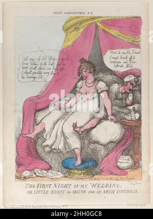 La première nuit de mon mariage, ou petit Boney pas de match pour une Arche Dutchess 25 avril 1810 Thomas Rowlandson Un serviteur debout près d'un lavabo éclaboussant à gauche, montrant un plombier qu'il doit être réparé.Elle lui donne un regard attrayant tandis qu'il tient ses outils de plomberie.Un vieil homme en colère se tient derrière eux à droite.La première nuit de mon mariage, ou peu Boney pas de match pour un Arch Dutchess.'Caricatures de Tegg'.Thomas Rowlandson (britannique, Londres 1757–1827 Londres).25 avril 1810.Gravure à la main.Thomas Tegg (Grande-Bretagne, 1776–1846).Imprime Banque D'Images