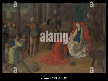 L'adoration du Magi ca.1465 Jutus de Ghent Netherlandish ce tableau est un exemple très rare de distemper, un milieu à base d'eau, sur toile.L'artiste était actif à la fois dans sa ville natale de Gand, en Belgique moderne, et dans la cour raffinée d'Urbino en Italie.Trois personnages noirs dans la composition — le roi africain, le serviteur lui donnant son cadeau, et un observateur dans la foule —Refléter la présence croissante des individus noirs en Europe occidentale, mais leur apparence étonnamment similaire soulève la question de savoir s'ils dérivent d'un modèle unique ou, au contraire, s'ils étaient basés sur une idée Banque D'Images