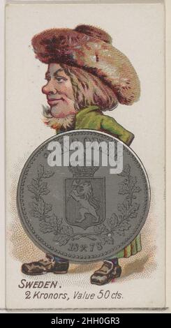 Suède, 2 couronnes, de la série coins of All Nations (N72, variation 1) pour les cigarettes de marque Duke 1889 émises par W. Duke, Sons & Co. American Trade cards from the coins of All Nations (N72),Émis dans un jeu de 50 cartes en 1889 pour promouvoir les cigarettes de marque W. Duke Sons & Co.Il y a deux variations dans la série.La version 1 (variante 1) conserve un fond blanc sur les cartes et la seconde version (variante 2) affiche un fond ombré.Suède, 2 couronnes, de la série de pièces de toutes les nations (N72, variation 1) pour les cigarettes de marque Duke.1889. Lithographie couleur commerciale.IES Banque D'Images