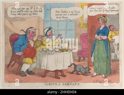 Embauche d'un serviteur 1811 Thomas Rowlandson Un homme et sa femme s'assoient à une petite table ronde pour le petit déjeuner et s'adresser à une jeune femme qui se tient à droite, devant une porte ouverte.La femme demande avec une grande méprise : « quelle situation dans ma famille vous souhaitez entreprendre une jeune femme ? »Elle répond : « Je voudrais être sous votre homme Cook par voie d'amélioration. »L'homme s'exclame : « Qu'est-ce que vous dites que je serai D—nd si vous serez sous mon homme Cook ou tout autre homme dans ma maison. »Le cuisinier, à l'extérieur de la porte ouverte à droite, rit...Embauche d'un serviteur.Thomas Rowlandson (britannique, Londres 1757–1827 Londres).1811. Main-colo Banque D'Images