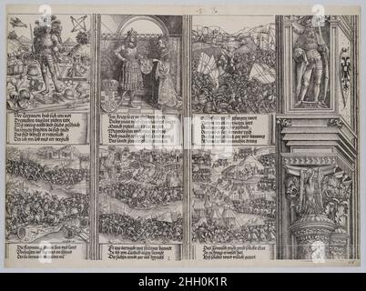 Le betrothal de Marie de Bourgogne; le jeune Maximilian; la lutte pour la succession burgundienne; la bataille près de Therouanne; la guerre dans le Guelderland; et le feu d'Utrecht, de l'Arche d'honneur, preuve, en date de 1515, imprimé 1517-18 1515 Albrecht Dürer le betrothal de Marie est de Albrecht Dürer;La succession bourguignonne par est Hans Springinklee; les quatre scènes historiques restantes sont par Wolf Traut; et l'empereur Frederick III et une capitale avec une grue entre deux têtes de Lions par sont Springinklee ou Traut après Dürer.Le trahir de Marie de Bourgogne; le Jeune Maximilian; la lutte pour le Banque D'Images