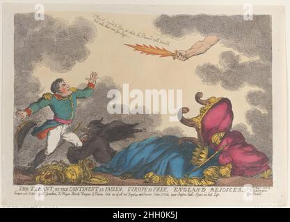 Le tyran du continent est tombé, l'Europe est libre, l'Angleterre se réjouit le 1 mai 1814 Thomas Rowlandson Britannique Napoléon montré avec son trône renversé, étant saisi des genoux par le diable.Il regarde l'épée de la justice dans le ciel, et une voix qui dit: 'Tu'as la peine, à laquelle la Demn tremblera, et emportera leurs propres pour Joys'.Le tyran du continent est tombé, l'Europe est libre, l'Angleterre se réjouit.Thomas Rowlandson (britannique, Londres 1757–1827 Londres).1 mai 1814.Gravure à la main.Rudolph Ackermann, Londres (actif 1794–1829).Imprime Banque D'Images