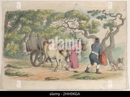 Planche 40, de 'World in miniature' 1816 Thomas Rowlandson une des quarante épreuves de 'World in miniature' de Rowlandson, composée de groupes de figures, pour l'illustration du paysage.Un chariot avec un baril a descendu une voie de campagne par deux boeufs avec un joug à travers leur cou.Une jeune femme marche en face d'eux tenant une corde et souriant à un homme plus âgé à droite.Planche 40, de 'World in miniature'.« World in miniature ».Thomas Rowlandson (britannique, Londres 1757–1827 Londres).1816. Gravure à la main.Rudolph Ackermann, Londres (actif 1794–1829).Imprime Banque D'Images