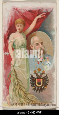 Emperor's Birthday, Autriche, de la série des fêtes (N80) pour les cigarettes Duke 1890 émises par W. Duke, Sons & Co. American Trade Cards de la série des fêtes (N88), émises dans un jeu de 50 cartes en 1890 pour promouvoir les cigarettes de marque W. Duke Sons & Co.La série présente des citoyens de différents pays dans une robe traditionnelle célébrant les fêtes locales.Chaque fiche verso contient le titre de la série, une description de la fête et de son histoire, ainsi qu'une annonce pour W. Duke, Sons & Co. Les producteurs de tabac Goodwin & Co. Ont également publié cette série avec une publicité de marque pour Old Ju Banque D'Images