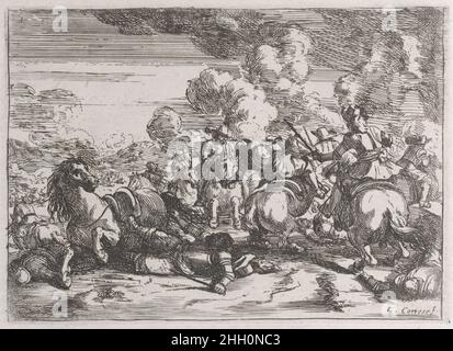 Planche 5 : le commandant en chef blessé est sur le sol, tandis que la bataille se poursuit à droite 1635–60 Jacques Courtois.Planche 5: Le commandant en chef blessé est sur le sol, tandis que la bataille se poursuit à droite.Scènes militaires (scènes militaires).Jacques Courtois (français, Saint-Hippolyte 1621–1676 Rome).1635–60.Gravure.Imprime Banque D'Images