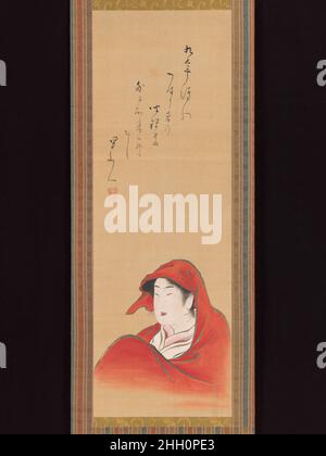 Courtesan comme Daruma ca.1800; inscription ca.1810 attribué à Utagawa Toyoharu à première vue on suppose que c'est une peinture d'une belle jeune femme dans un cape rouge et un auvent,Mais quiconque connaît l'histoire de la peinture bouddhiste en Asie de l'est reconnaîtra qu'elle évoque également des associations avec l'imagerie traditionnelle de Bodhidharma, le fondateur légendaire du bouddhisme Chan (Zen), qui est également souvent représenté avec un cloak rouge similaire.La peinture ici, non signée mais très probablement par le maître Utagawa Toyoharu, est destinée comme une représentation parodique d'un courtesan Yoshiwara.Mise en plan visuelle de pièce Banque D'Images